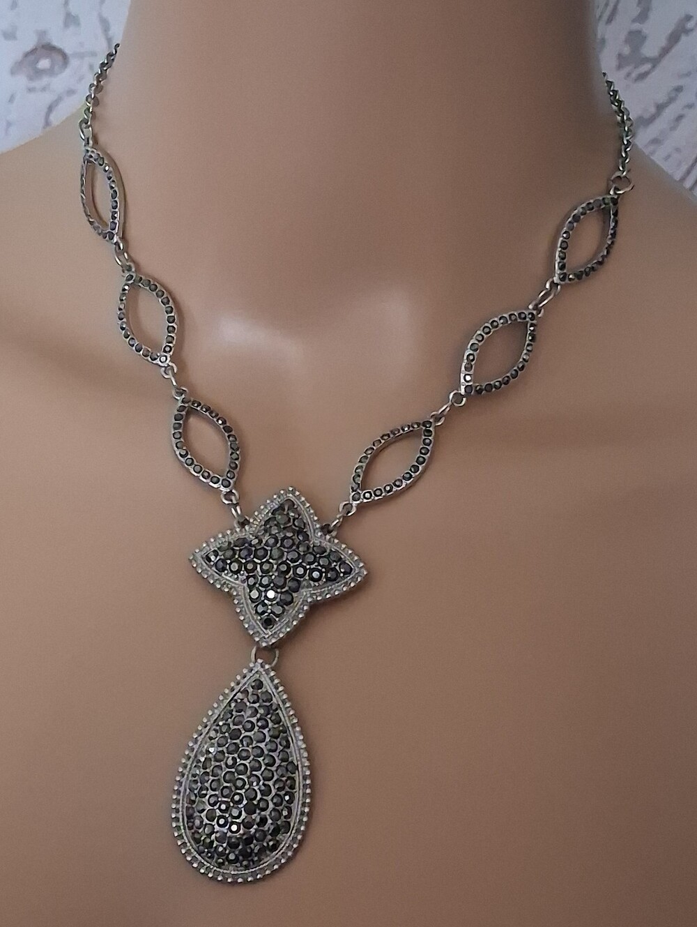 Monet Silver-Tone Black Crystal Marcasite Look Y-Necklace